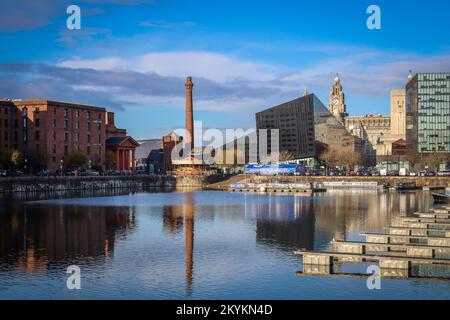 Liverpool Royal Albert Dock, Sunshine, blue sky and water reflection, view from the Wheel of Liverpool Stock Photo