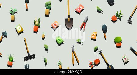 Agricultural rural garden tool. Seamless pattern. Shovels rakes and hoes. Packets of vegetable seeds. Flower pots with indoor plants. Vector. Stock Vector