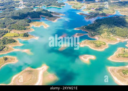 Aerial shot of a beautiful lake in Huayuan County, Xiangxi Tujia and Miao Autonomous Prefecture, Hunan Province, China Stock Photo
