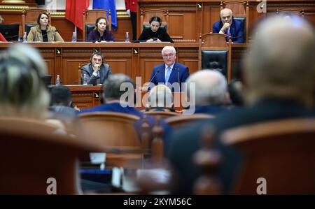 Tirana, Albania. 01st Dec, 2022. Federal President Frank-Walter Steinmeier addresses members of parliament in Albania. On his four-day trip to the Balkans, President Steinmeier is visiting the countries of northern Macedonia and Albania. In addition to the situation in the region and the effects of the Russian war of aggression in Ukraine, Germany's support for the countries' prospects of joining the European Union is the focus of the trip. Credit: Bernd von Jutrczenka/dpa/Alamy Live News Stock Photo