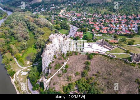 Slovakian Rivers Aerial view on Devin castle in Bratislava, Slovakia. The confluence of ...