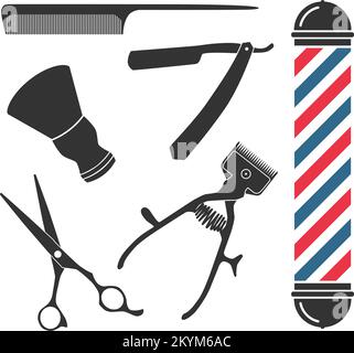 barber shop icon set with scissors, razor, comb, manual clipper and shaving brush, vector illustration Stock Vector