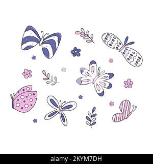 Beautiful abstract butterflies in purple and pink colors. Vector isolated illustration hand drawn doodle. Cute moths set Stock Vector