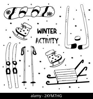 Set of winter sports equipment for outdoor activities. Skis and sleds, snowboard and ice skates, puck and hockey sticks. Black and white vector isolat Stock Vector