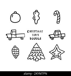 Set of Christmas decorations toys. Christmas tree and star, cone and glass ball, cars and cane. Black and white vector isolated illustration hand draw Stock Vector