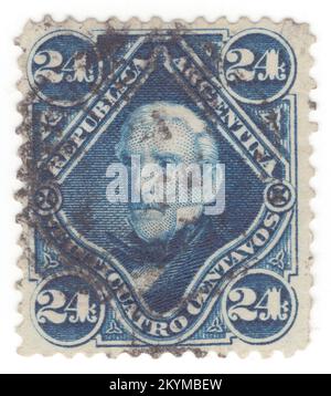 ARGENTINA - 1887: 24 centavos blue postage stamp depicting portrait of José de San Martín (Jose Francisco de San Martín y Matorras), known as the Liberator of Argentina, Chile and Peru. Argentine general and the primary leader of the southern and central parts of South America's successful struggle for independence from the Spanish Empire who served as the Protector of Peru. Born in Yapeyú, Corrientes, in modern-day Argentina, he left the Viceroyalty of the Río de la Plata at the early age of seven to study in Málaga, Spain Stock Photo