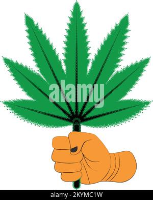 illustration of a strong hand holding a cannabis leaf Stock Vector