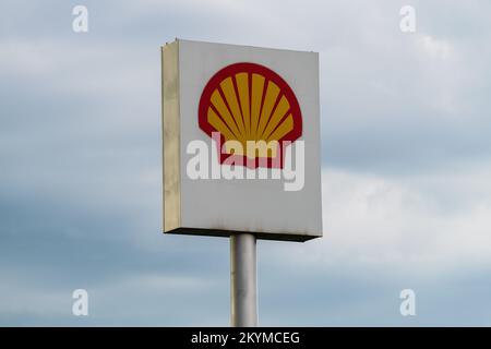 Batrovci, Serbia - September 12, 2022: Shell logo on a post at petrol station on A3 freeway in Serbia, Stock Photo