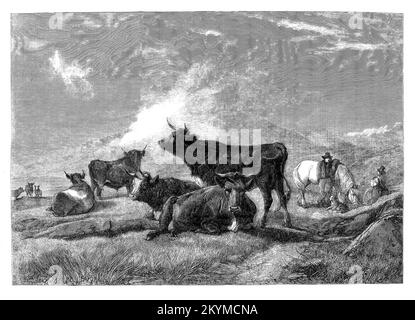 A quitessential English agricultural scene in which a farmer along with his wife and dog rest on the roadside as they drive their cattle to a local fair. A scene by the artist Henry Brittan Willis (1810-1884), an English landscape and animal painter. Stock Photo