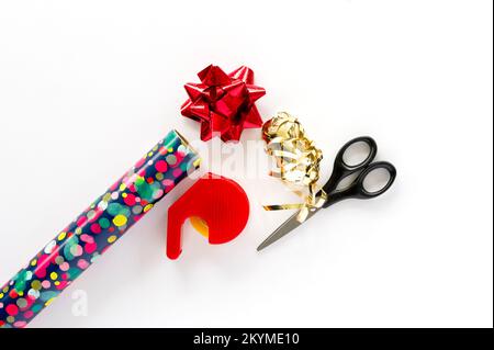 Grif-wrapping paper, scissors, sticky tape and decorations Stock