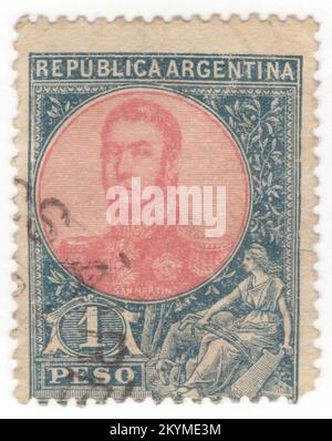 ARGENTINA - 1908: 1 peso slate-blue and pink postage stamp depicting portrait of José de San Martín (Jose Francisco de San Martín y Matorras), known as the Liberator of Argentina, Chile and Peru. Argentine general and the primary leader of the southern and central parts of South America's successful struggle for independence from the Spanish Empire who served as the Protector of Peru. Born in Yapeyú, Corrientes, in modern-day Argentina, he left the Viceroyalty of the Río de la Plata at the early age of seven to study in Málaga, Spain Stock Photo