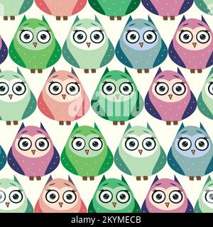 Cute multicolored owls and flowers in cartoon style, childish seamless pattern, newborn. Creative childish background for fabric, textile or wrapping Stock Vector