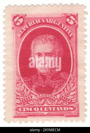 ARGENTINA - 1910 May 1: 5 centavos carmine postage stamp depicting portrait of Cornelio Saavedra. Centenary of the republic. Inscribed “1810 1910”. Cornelio Judas Tadeo de Saavedra y Rodríguez was a military officer and statesman from the Viceroyalty of the Río de la Plata. He was instrumental in the May Revolution, the first step of Argentina's independence from Spain, and was appointed president of the Primera Junta. The May Revolution ousted the viceroy. Other forms of government, such as a constitutional monarchy or a Regency were briefly considered Stock Photo