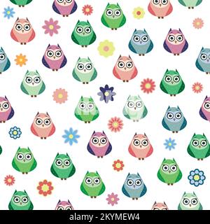 Cute multicolored owls and flowers in cartoon style, childish seamless pattern, newborn. Creative childish background for fabric, textile or wrapping Stock Vector