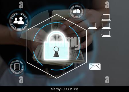 Digital padlock icon, cyber security network and data protection technology on virtual interface screen. Online internet authorized access against Stock Photo