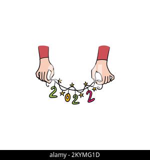 A man holds a decorated ribbon with the numbers 2022.Stock vector illustration isolated on white background. Stock Vector