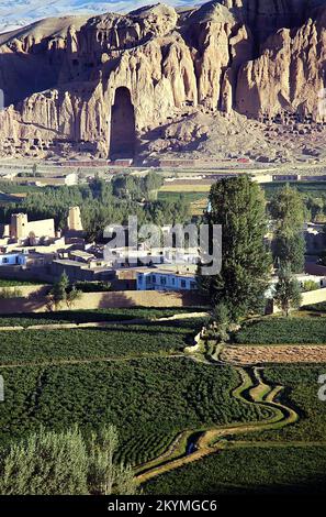 Bamyan (Bamiyan) in Central Afghanistan. View over the Bamyan (Bamiyan) Valley showing the large Buddha niche in the cliff. Stock Photo