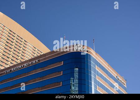 Phoenix, AZ - Nov. 11, 2022: The Arizona Republic,  KPNX-TV, Channel 12 and azcentral.com all have offices in this building on Van Buren St. Stock Photo