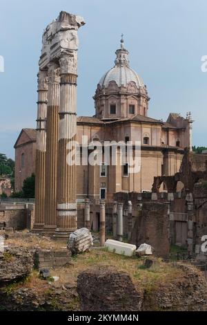 Rome, Italy - view of architectural ruins at Roman Forum. Heart of Ancient Rome. Plaza with government buildings. Roman Empire political center. Famou Stock Photo