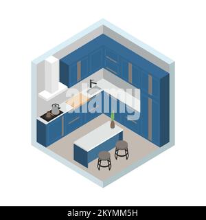 Isometric vector illustration, modern kitchen design with interior elements, furniture Stock Vector