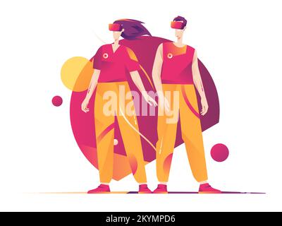 A vector illustration depicting a man and woman in a virtual reality headsets Stock Vector