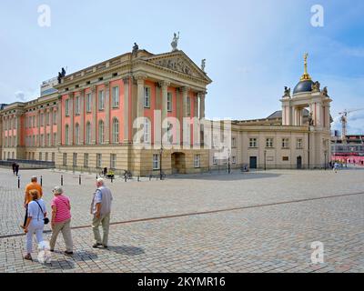 Everyday scenery of the Old Market Square, looking towards the reconstructed Town Palace with Fortuna's Portal, Potsdam, Brandenburg, Germany. Stock Photo