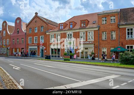 Street and house alignment with architecture typical for this district, Dutch Quarter in Potsdam, Brandenburg, Germany, status August 7, 2021. Stock Photo