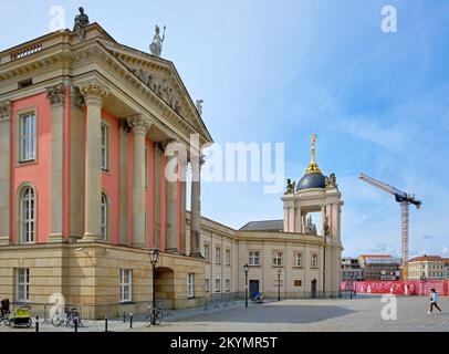 Everyday scenery of the Old Market Square, looking towards the reconstructed Town Palace with Fortuna's Portal, Potsdam, Brandenburg, Germany. Stock Photo