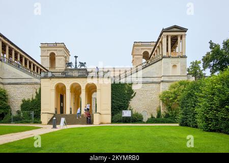 The Belvedere on Pfingstberg hill, built as a vantage point and palace in neo-Renaissance style, is visited by tourists despite corona restrictions. Stock Photo