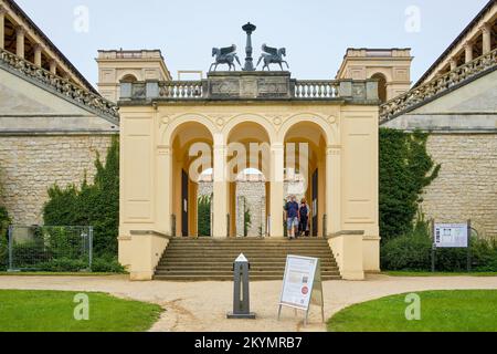 The Belvedere on Pfingstberg hill, built as a vantage point and palace in neo-Renaissance style, is visited by tourists despite corona restrictions. Stock Photo