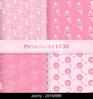 Set of cute pink kids patterns with doodle toys. Stock Vector