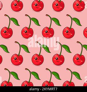 Berry pattern with cartoon Cherry on backdrop. Stock Vector