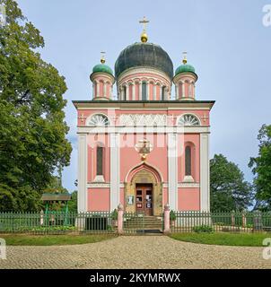 Russian Orthodox church view, Alexander Nevsky Memorial Church, on Kapellenberg hill in Potsdam, Brandenburg, Germany. Stock Photo