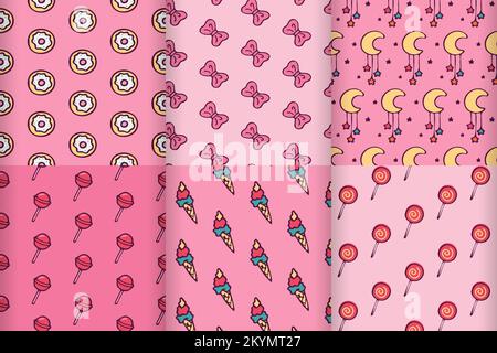 Set of cute pink kids patterns with doodle sweets. Stock Vector