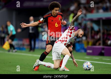 Doha, Qatar, 01/12/2022, Belgium's Axel Witsel and Croatian unidentified player pictured in action during a soccer game between Belgium's national team the Red Devils and Croatia, the third and last game in Group F of the FIFA 2022 World Cup in Al Rayyan, State of Qatar on Thursday 01 December 2022. BELGA PHOTO BRUNO FAHY Credit: Belga News Agency/Alamy Live News Stock Photo