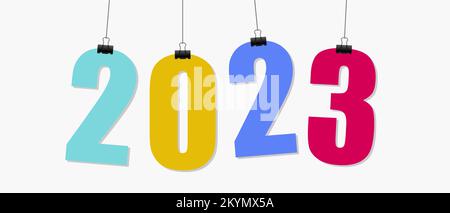 Happy New Year 2023 hanging typography on white. Stock Vector