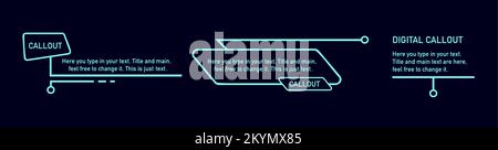 Futuristic callouts titles. Info boxes, digital information labels, modern description banner. Stock Vector