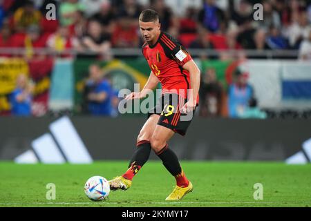 Leander Dendoncker of Belgium during the FIFA World Cup Qatar 2022 match, Group F, between Croatia and Belgium played at Ahmad Bin Ali Stadium on Dec 1, 2022 in Al Rayyan, Qatar. (Photo by Bagu Blanco / PRESSIN) Credit: PRESSINPHOTO SPORTS AGENCY/Alamy Live News Stock Photo