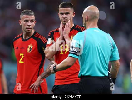 Al Rayyan, Qatar, 1st December 2022. Leander Dendoncker of Belgium waits for referee Anthony Taylor to make a decision during the FIFA World Cup 2022 match at Ahmad bin Ali Stadium, Al Rayyan. Picture credit should read: David Klein / Sportimage Credit: Sportimage/Alamy Live News Credit: Sportimage/Alamy Live News  Stock Photo