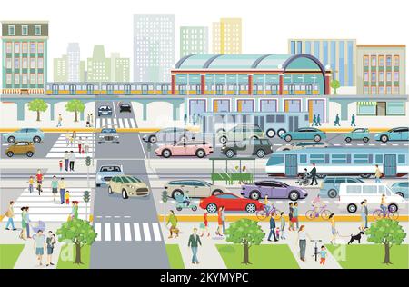 City silhouette with pedestrians at the train station, and road traffic,, illustration Stock Vector