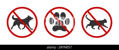 No pets allowed icons. Domestic animals walking ban zone signs. Dogs or cats forbidden labels for parks, hotels, restaurants isolated on white background. Vector graphic illustration Stock Vector