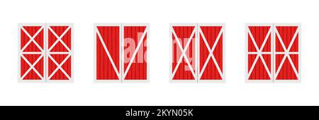 Set of red wooden barn doors. Front view. Elements of farm warehouse buildings isolated on white background. Vector cartoon illustration. Stock Vector