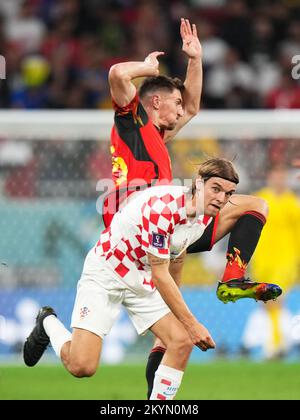 Borna Sosa of Croatia and Leander Dendoncker of Belgium during the FIFA World Cup Qatar 2022 match, Group F, between Croatia and Belgium played at Ahmad Bin Ali Stadium on Dec 1, 2022 in Al Rayyan, Qatar. (Photo by Bagu Blanco / PRESSIN) Credit: PRESSINPHOTO SPORTS AGENCY/Alamy Live News Stock Photo