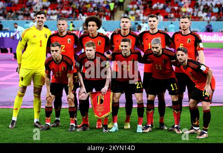 Al Rayyan, Qatar, 1st December 2022.  Belgium team from left back: Thibaut Courtois, Toby Alderweireld Axel Witsel, Leander Dendoncker, Thomas Meunier, Jan Vertonghen. Front row from left: Leandro Trossard, Kevin De Bruyne, Timothy Castagne, Yannick Carrasco and Dries Mertens of Belgium during the FIFA World Cup 2022 match at Ahmad bin Ali Stadium, Al Rayyan. Picture credit should read: David Klein / Sportimage Credit: Sportimage/Alamy Live News Credit: Sportimage/Alamy Live News  Stock Photo