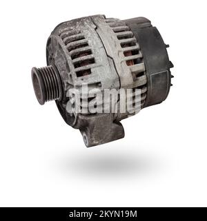 Car generator, car electrical network element on white background, generator details close-up. Spare auto parts for repair. Stock Photo