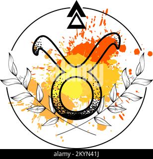 taurus zodiac symbol tattoo watercolor splatter flowers lines illustration in vector format Stock Vector