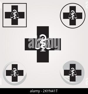 Set of Swiss Pharmacy Icons with Caduceus Symbol in Black and White - Swiss Cross Symbol Stock Vector