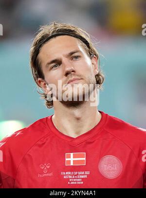 Denmark's Joachim Andersen during the FIFA World Cup Group D match at the Al Janoub Stadium in Al Wakrah, Qatar. Picture date: Wednesday November 30, 2022. Stock Photo