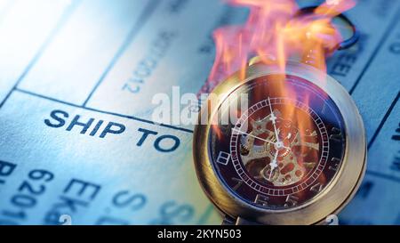 Burning pocket watch on post envelope label Stock Photo