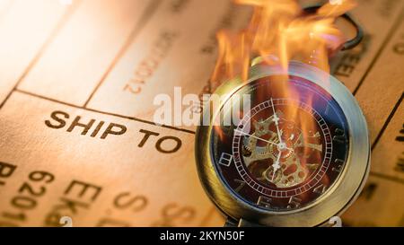 Burning pocket watch on post envelope label Stock Photo